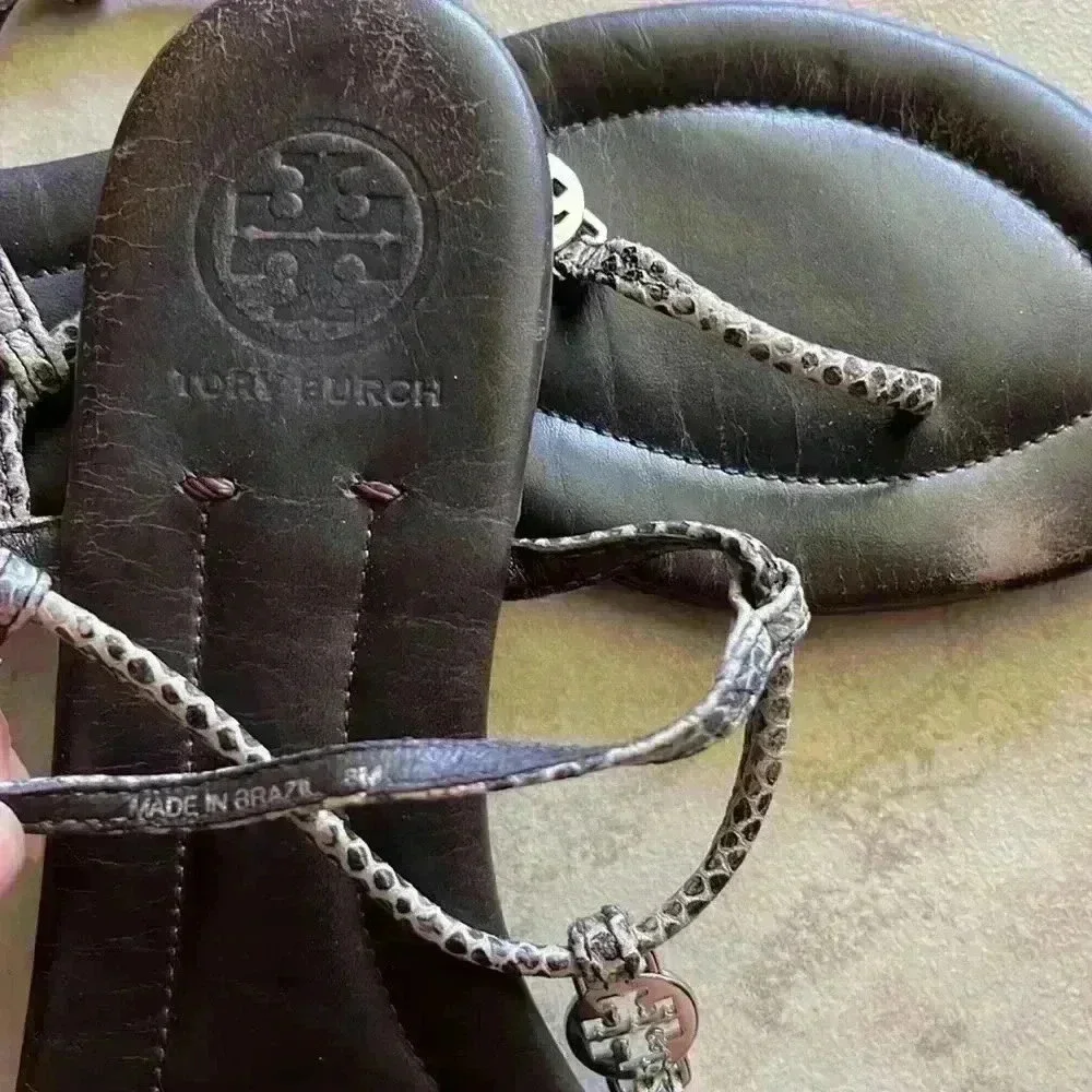 Tory Burch, black animal, print T-strap sandals 8